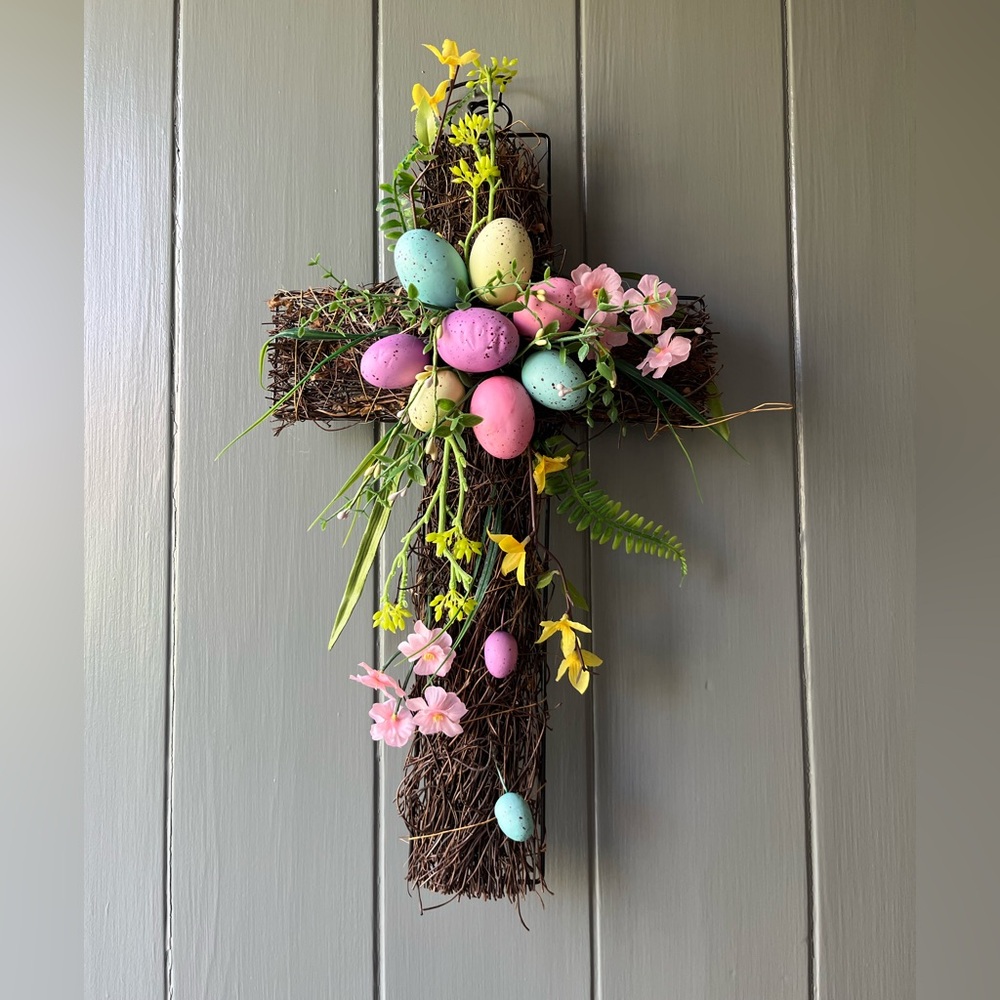 Spring Cross Wreath with Speckled Eggs and Flowers